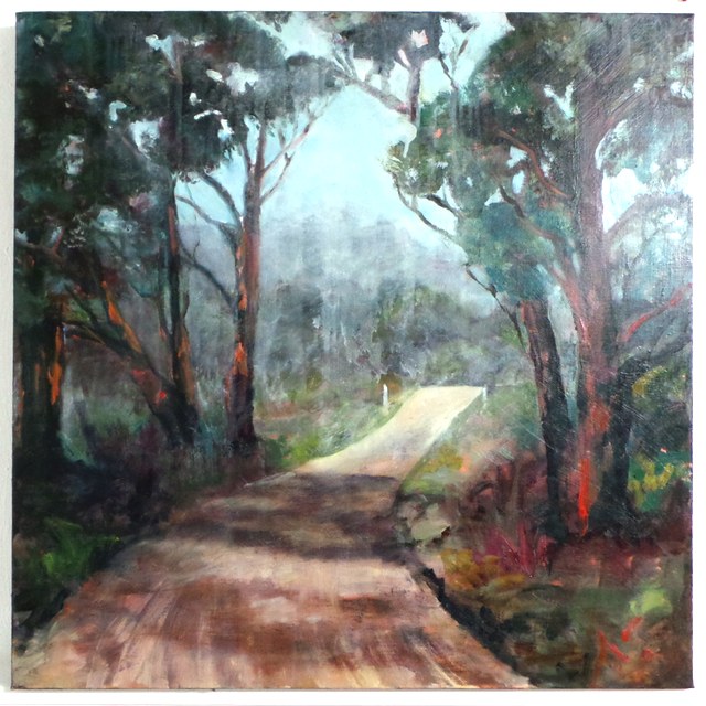 oil painting of a road through the trees