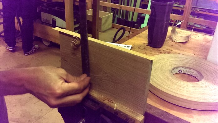 trimming veneer with a chisel
