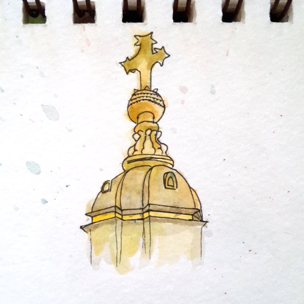 the top of a church in ink and watercolour
