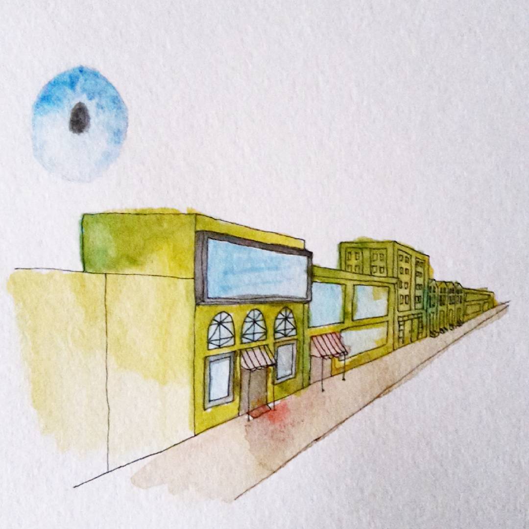 vanishing point perspective of a row of shops with a disembodied eyeball floating overhead