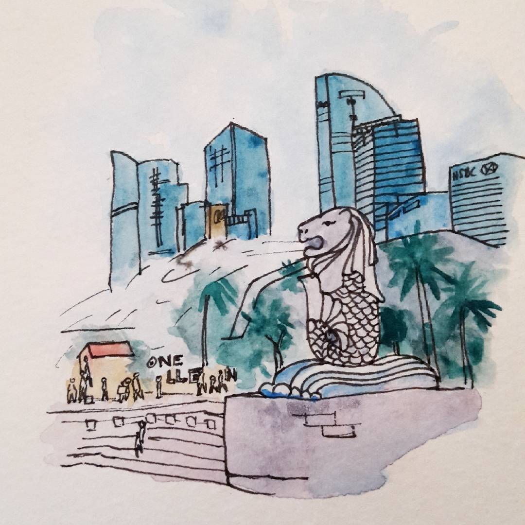 watercolour of the Singapore merlion