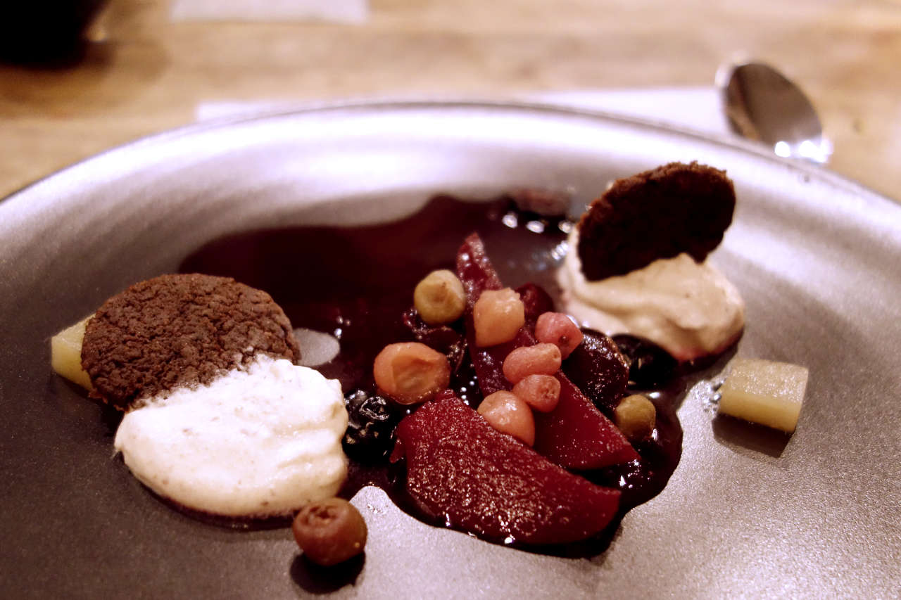 Mixed native berries and chestnut cream dessert