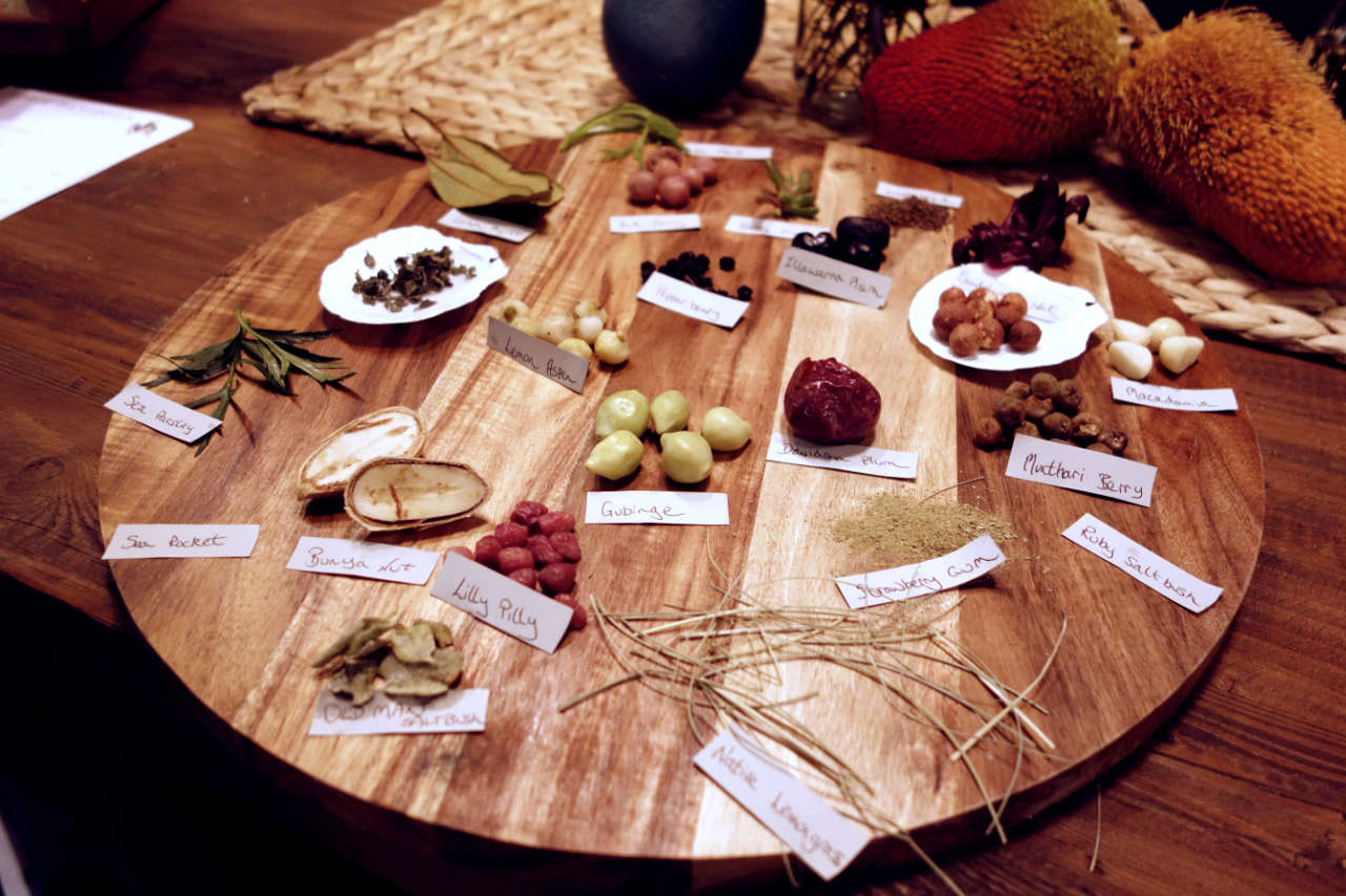 Bush tucker ingredients on a wooden tray