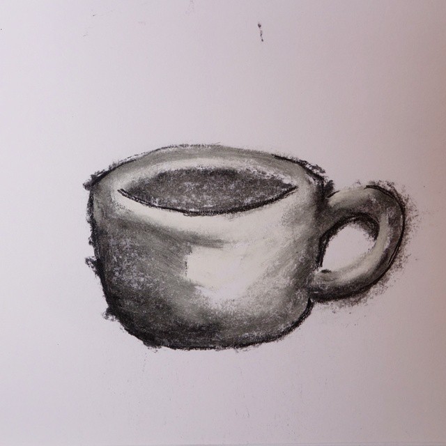15: Black and white charcoal drawing of a teacup