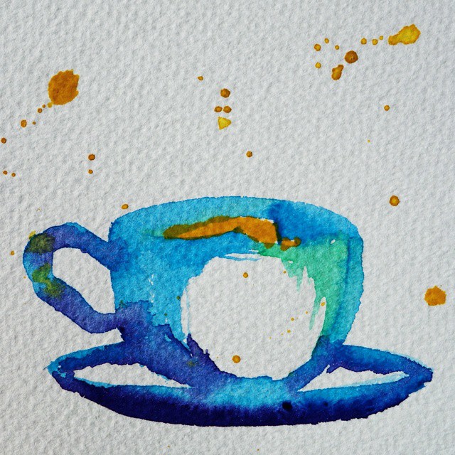 16: Blue watercolour outline of a teacup with orange splatters