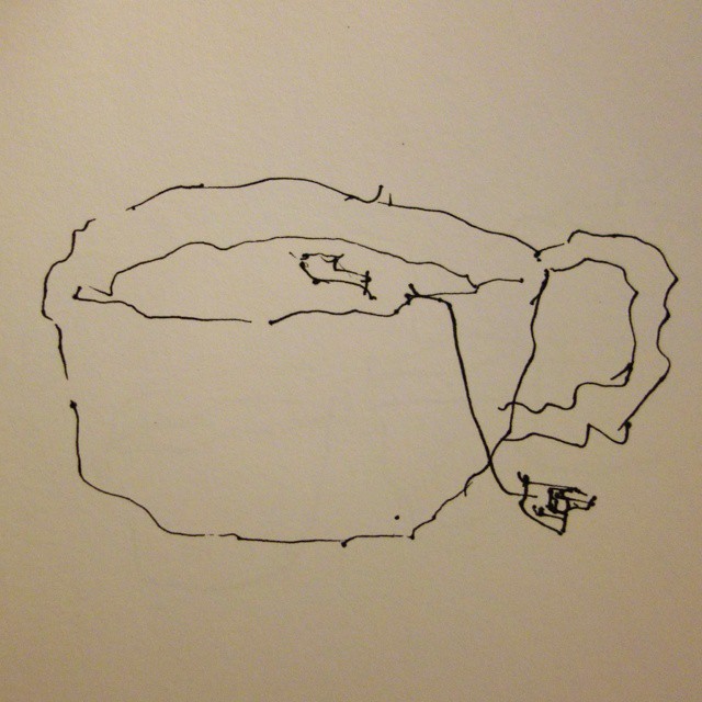 19: Black ink on white paper, jagged line drawing of a teacup