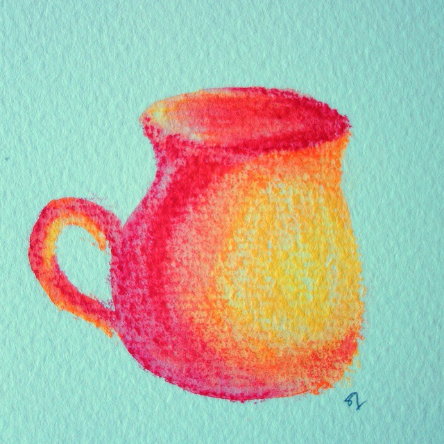 21: Orange pastel crayon drawing of a pear-shaped teacup with handle