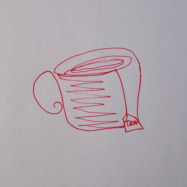 23: Red ink single-line drawing of a teacup