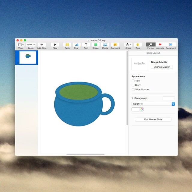 30: Blue teacup drawn with shapes in Apple Keynote