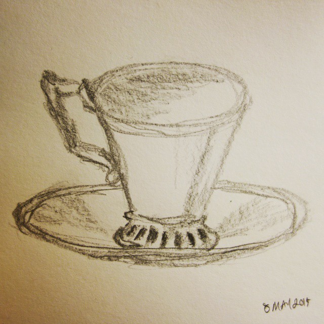 33: Broadside pencil sketch of a teacup and saucer