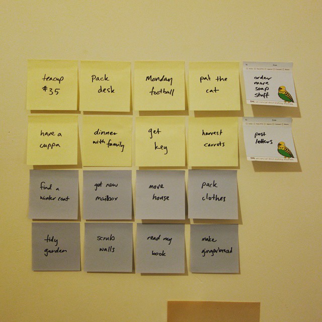 35: Eighteen post-it notes stuck to the wall in the shape of a teacup with handle