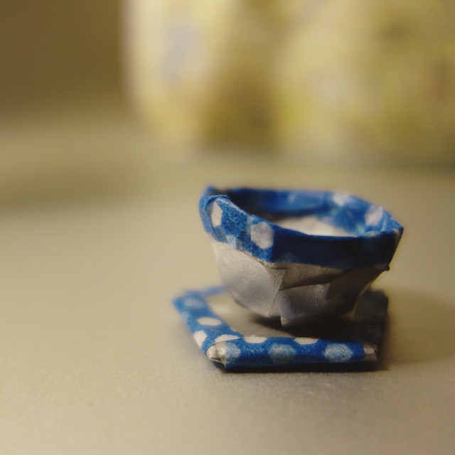 36: Tiny three-dimensional teacup sculpture made from silver and blue washi tape