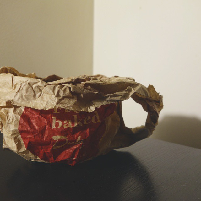 42: Three-dimensional teacup sculpture fashioned from a paper bag