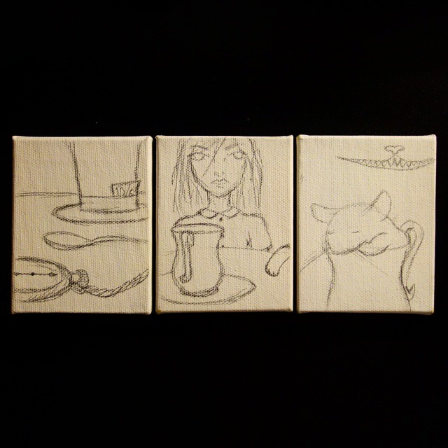 49: Three small canvases in a triptych depicting elements of a Mad Hatter's tea party