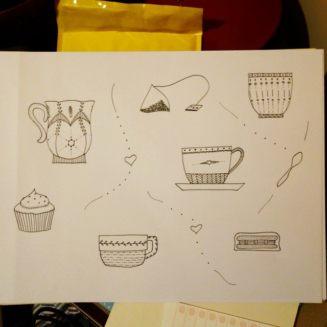 54: Miscellaneous line drawings of teacups and tea-time snacks