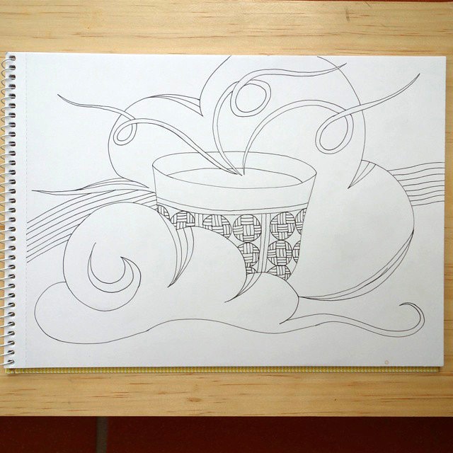 56: Line drawing of a teacup in the clouds, ready to be coloured in