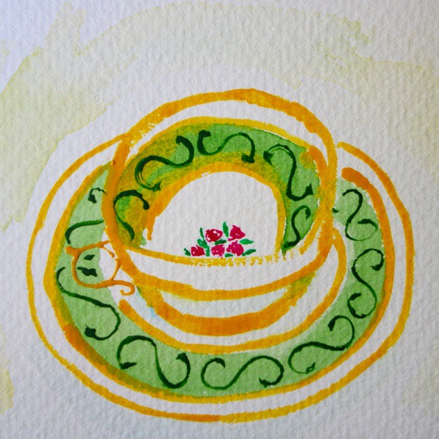 69: Colourful watercolour outline painting of a teacup from the canonical view