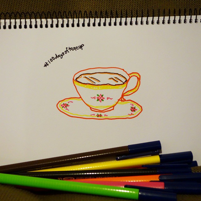7: Colourful marker line drawing of a teacup and saucer on white paper