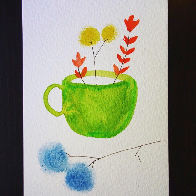 70: Colourful watercolour and ink painting of a green teacup surrounded by flower sprigs