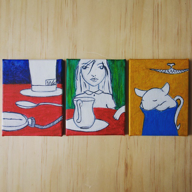 71: Mad Hatter tea party triptych in colour, acrylic on canvas