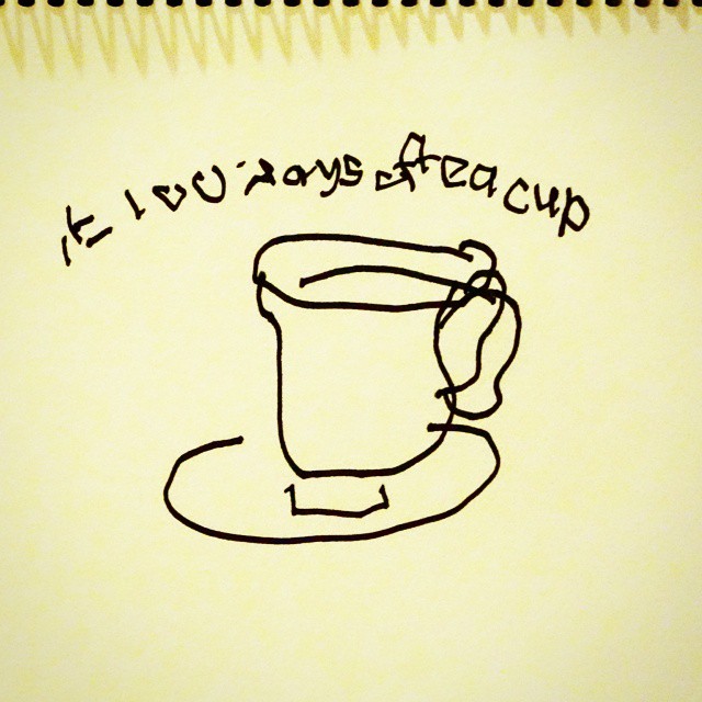 8: Rough abstract off-hand drawing of a teacup, black marker on white paper