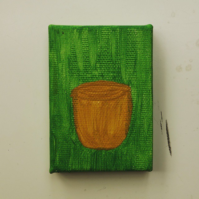 84: A brown teacup on a green background, acrylic on canvas