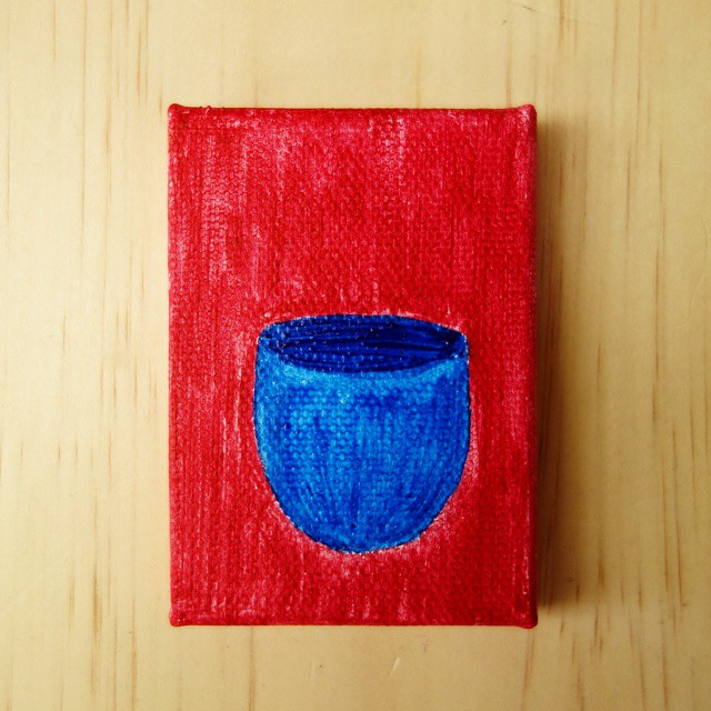 86: A green teacup on a red background, acrylic on canvas
