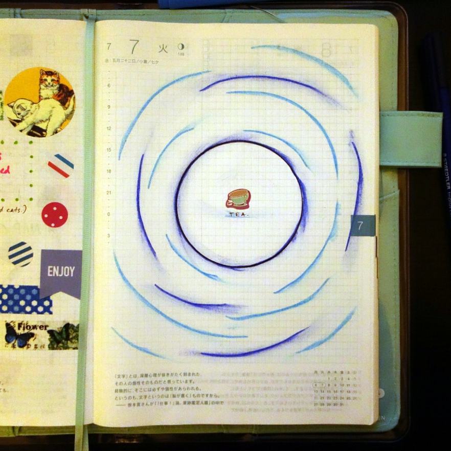 93: A tiny cut-out of a teacup picture surrounded by smudged blue ink curves on a 7th July Hobonichi Techo diary page