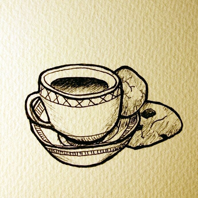 94: Black ink drawing of a teacup and saucer with two biscuits