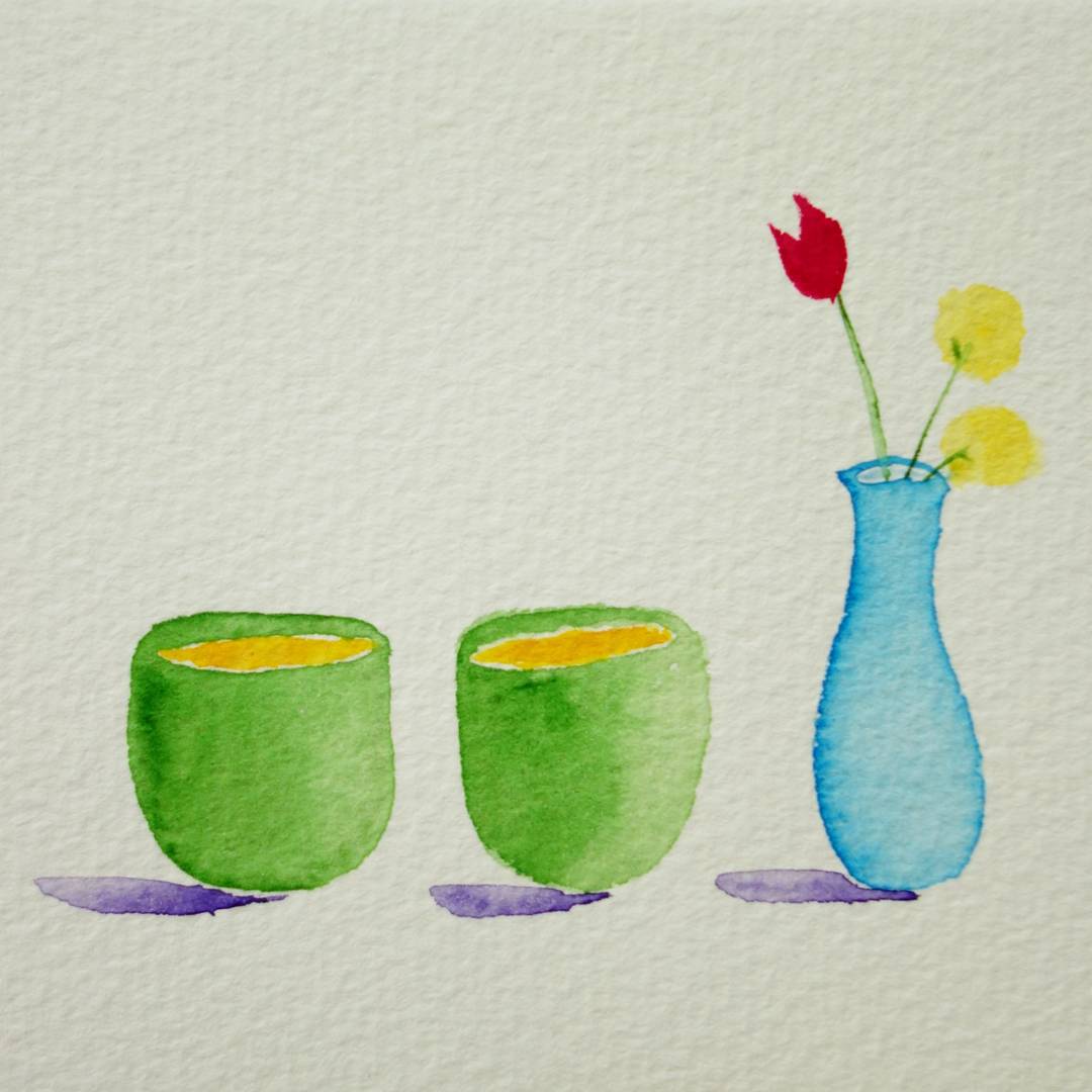 96: Watercolour painting of two green teacups beside a blue vase with flowers