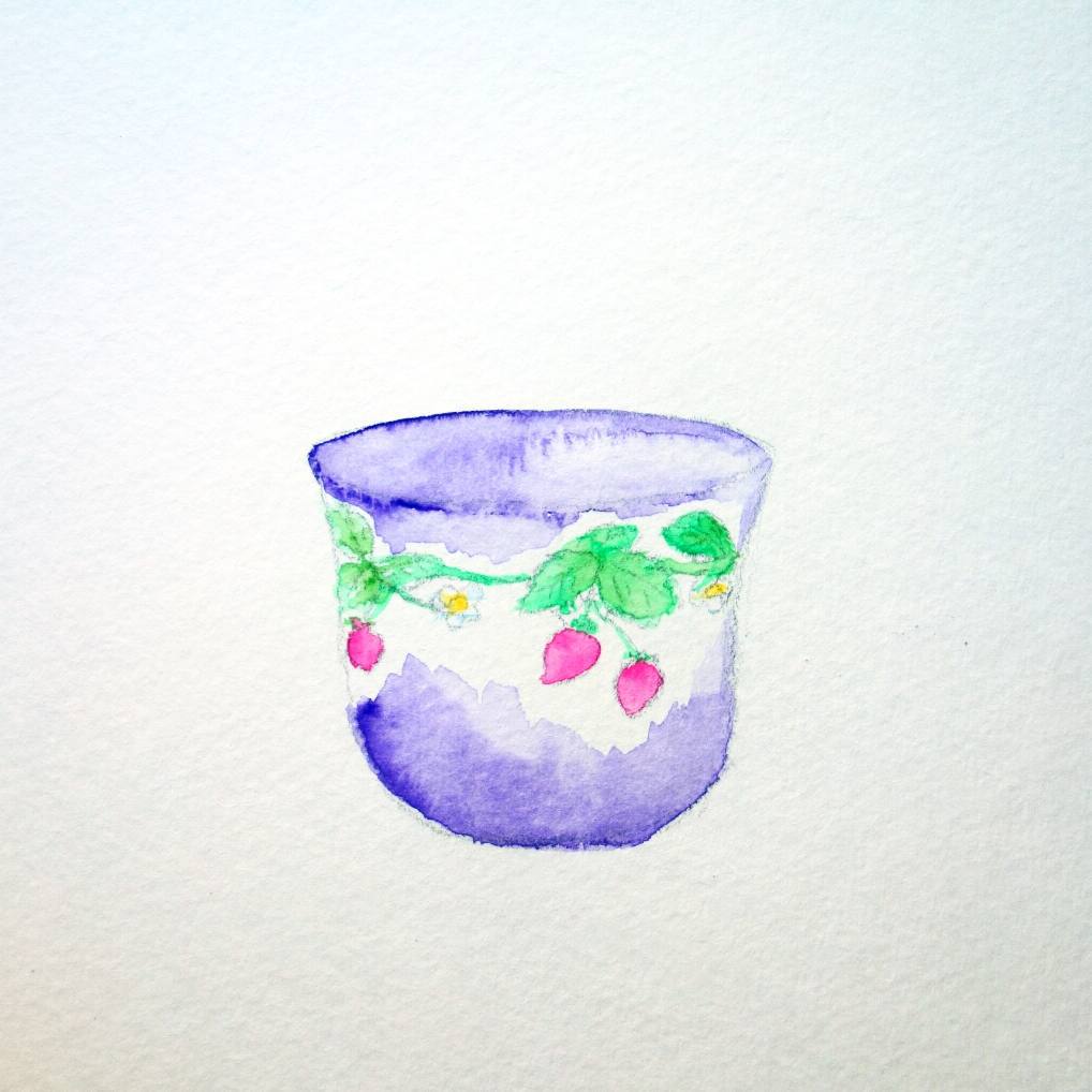 97: Watercolour painting of a purple teacup decorated with strawberry runners