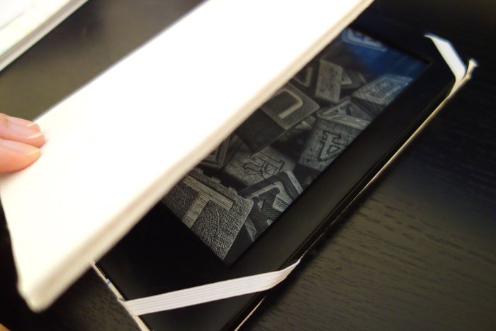 Kindle reader inside a home-made hardcover case