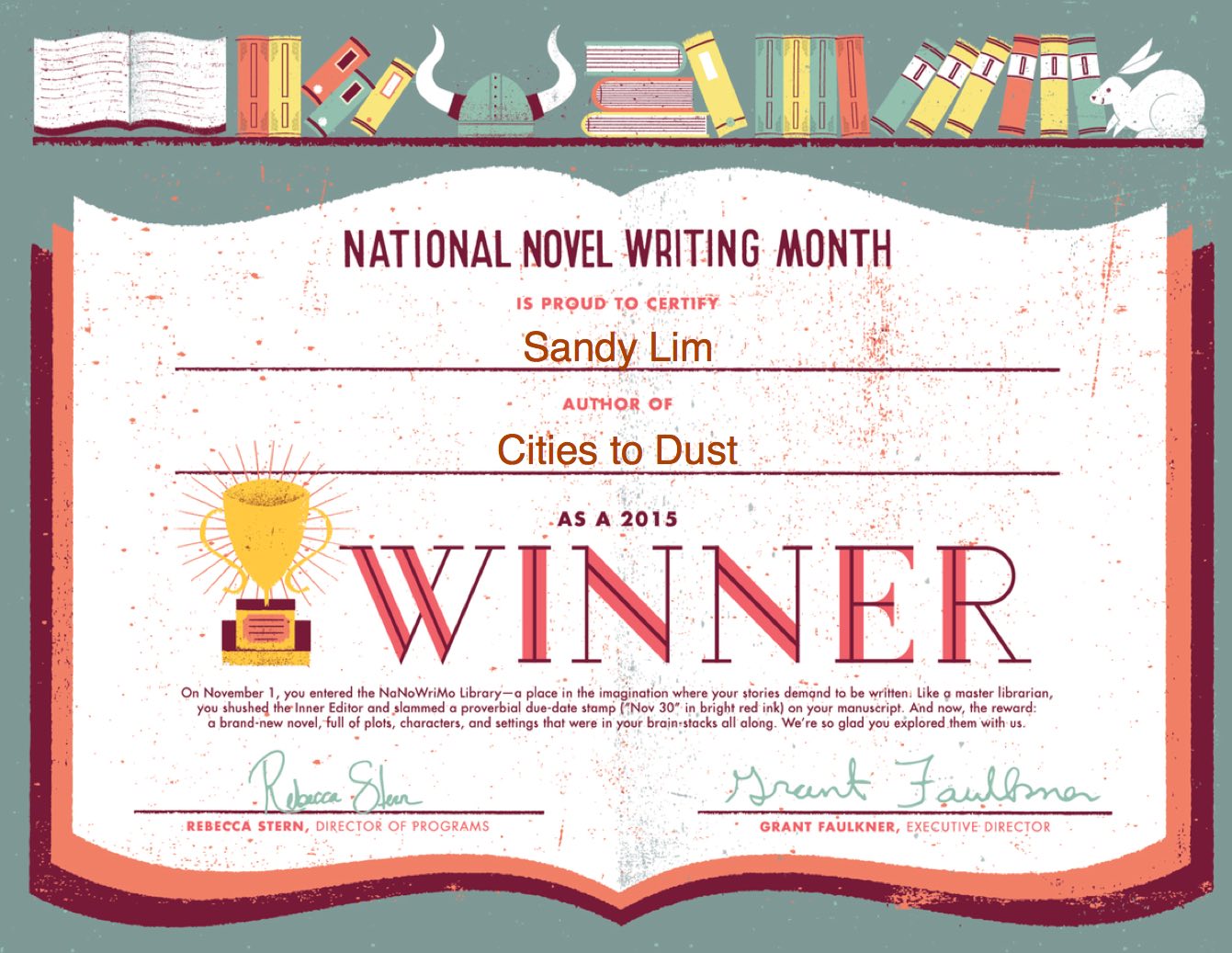 My spiffy PDF-generated 2015 NaNoWriMo winner certificate