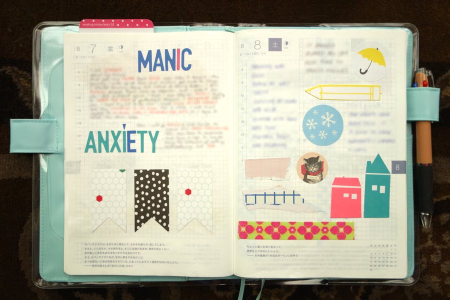 A spread from my art journal, featuring the words "Manic" and "Anxiety"