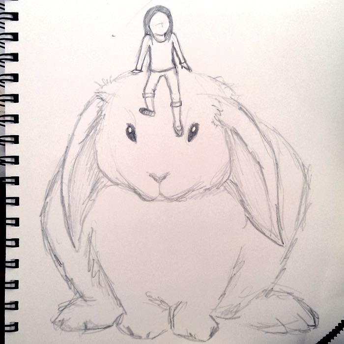 fan art for Sophie's World: Sophie sitting on a giant rabbit, c. 2015