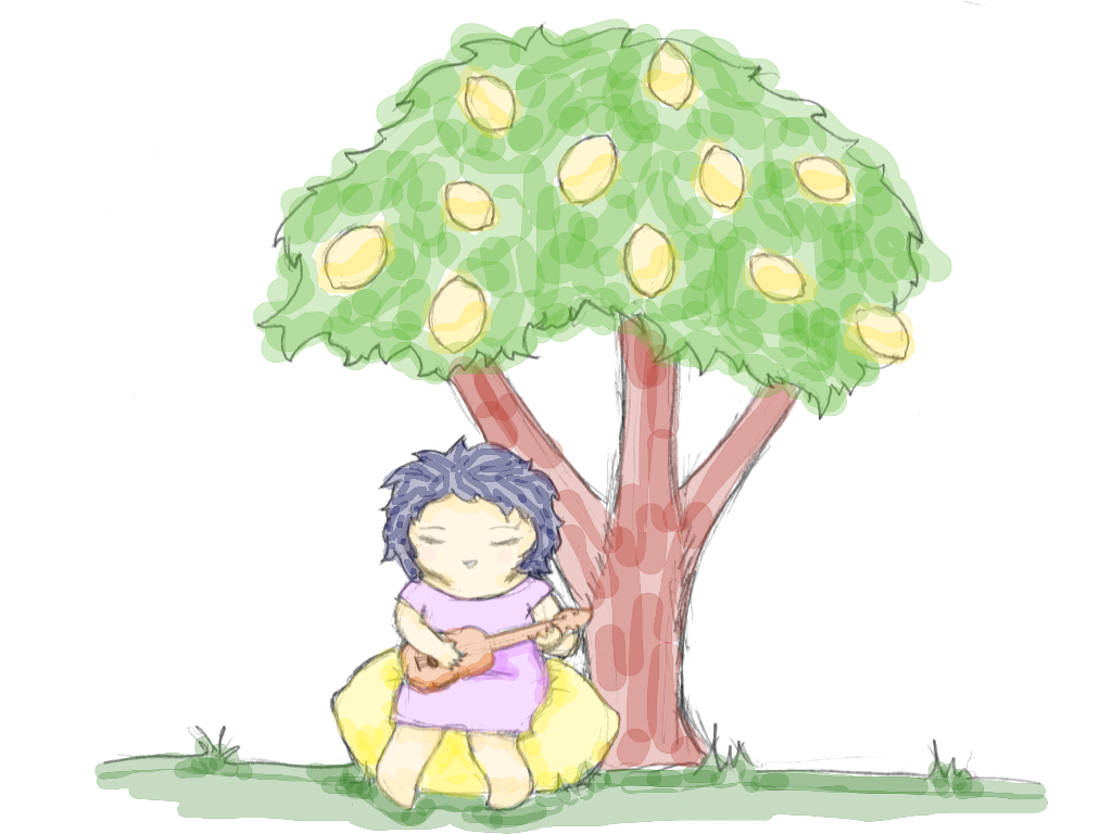a girl with guitar sitting under a tree full of lemons, c. 2016