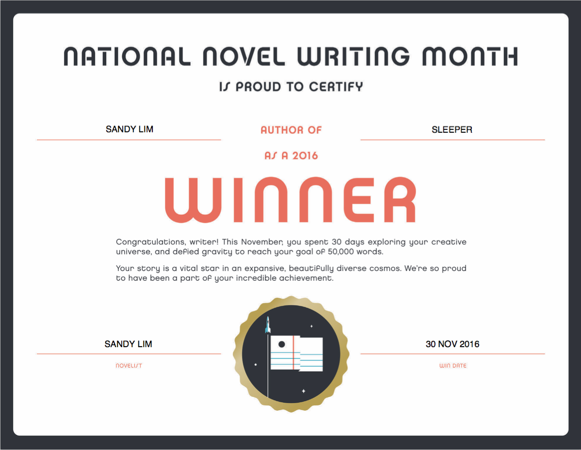 Winner's certificate for Nanowrimo 2016