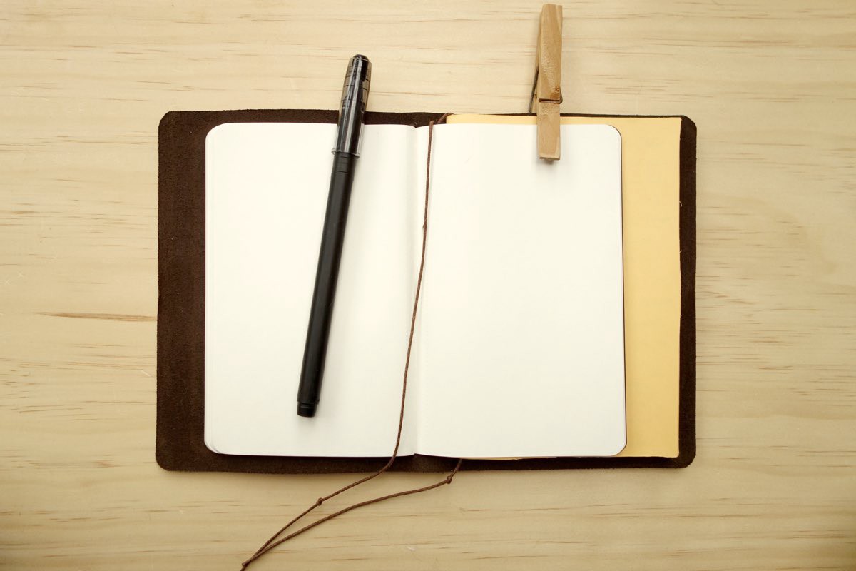 A notebook open on a blank page.
