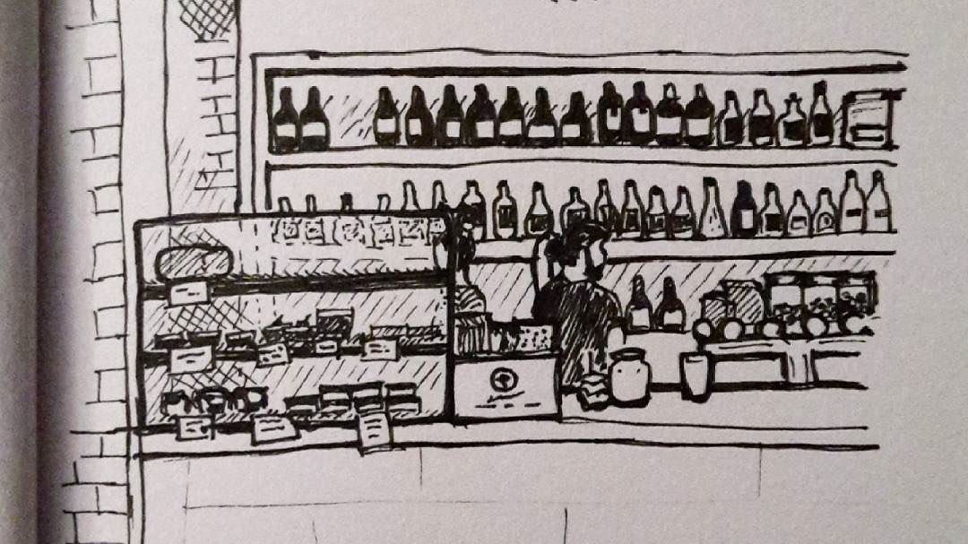 Ink sketch of the inside of a bar, c. 2017