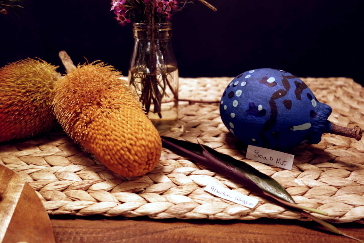 Wattle, Atherton ginger and boab nut on a woven mat