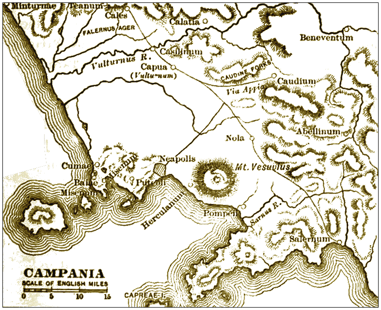 Map of Campania. Source: Ancient Rome by Robert F. Pennell, via Project Gutenberg.