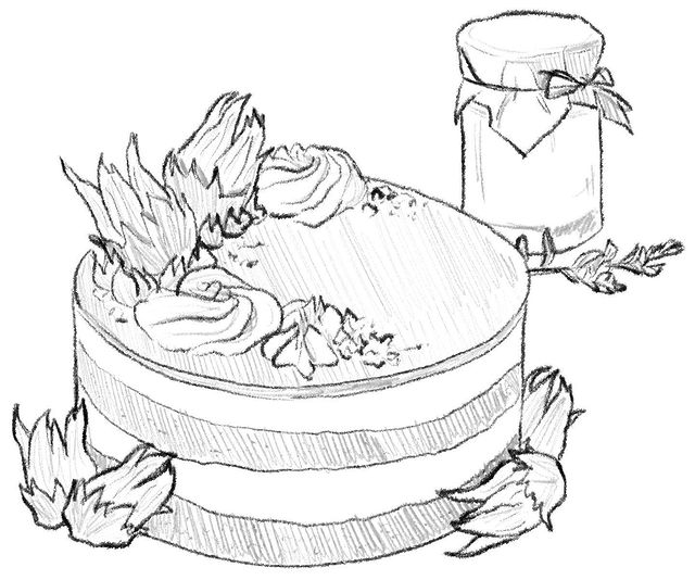 Pencil sketch of a cake and jam jar